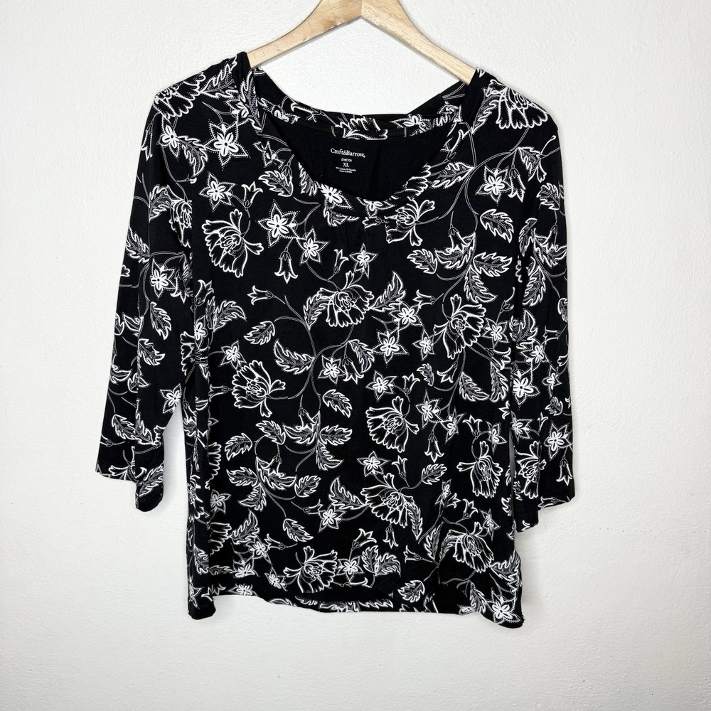 Croft And Barrow Black White Cotton Stretch‎ 3/4 Sleeve Top Floral Womens XL